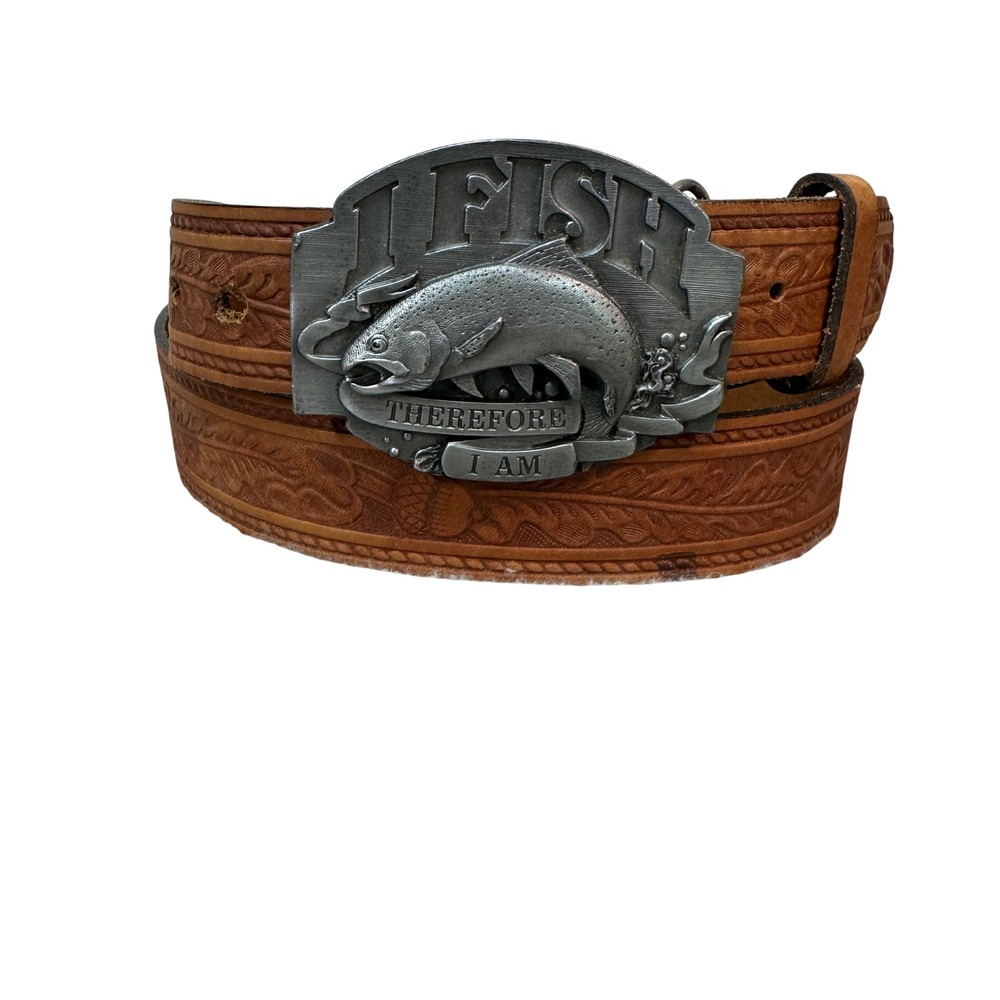 Siskiyou 1992 I Fish Therefore I Am Pewter Buckle JM Leather Floral Belt 42